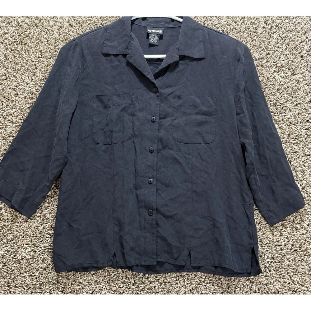 Notations Silk Blouse Size Women Medium Black 100%‎ Silk Button Front Minimalist